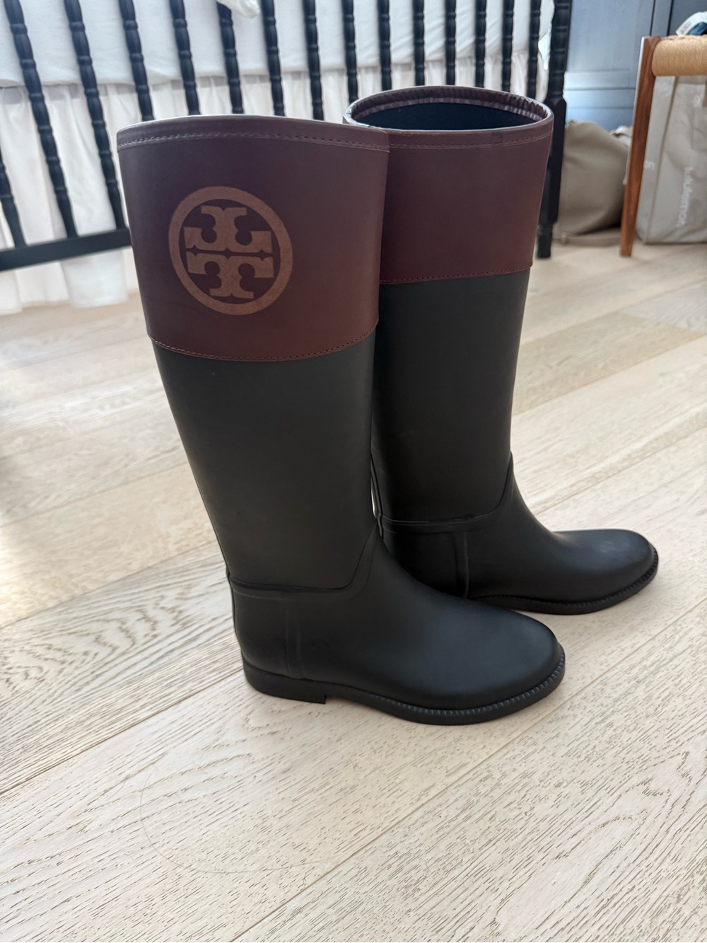 Tory Burch Two-Tone Diana Tall Rain Boots in Black and Brown